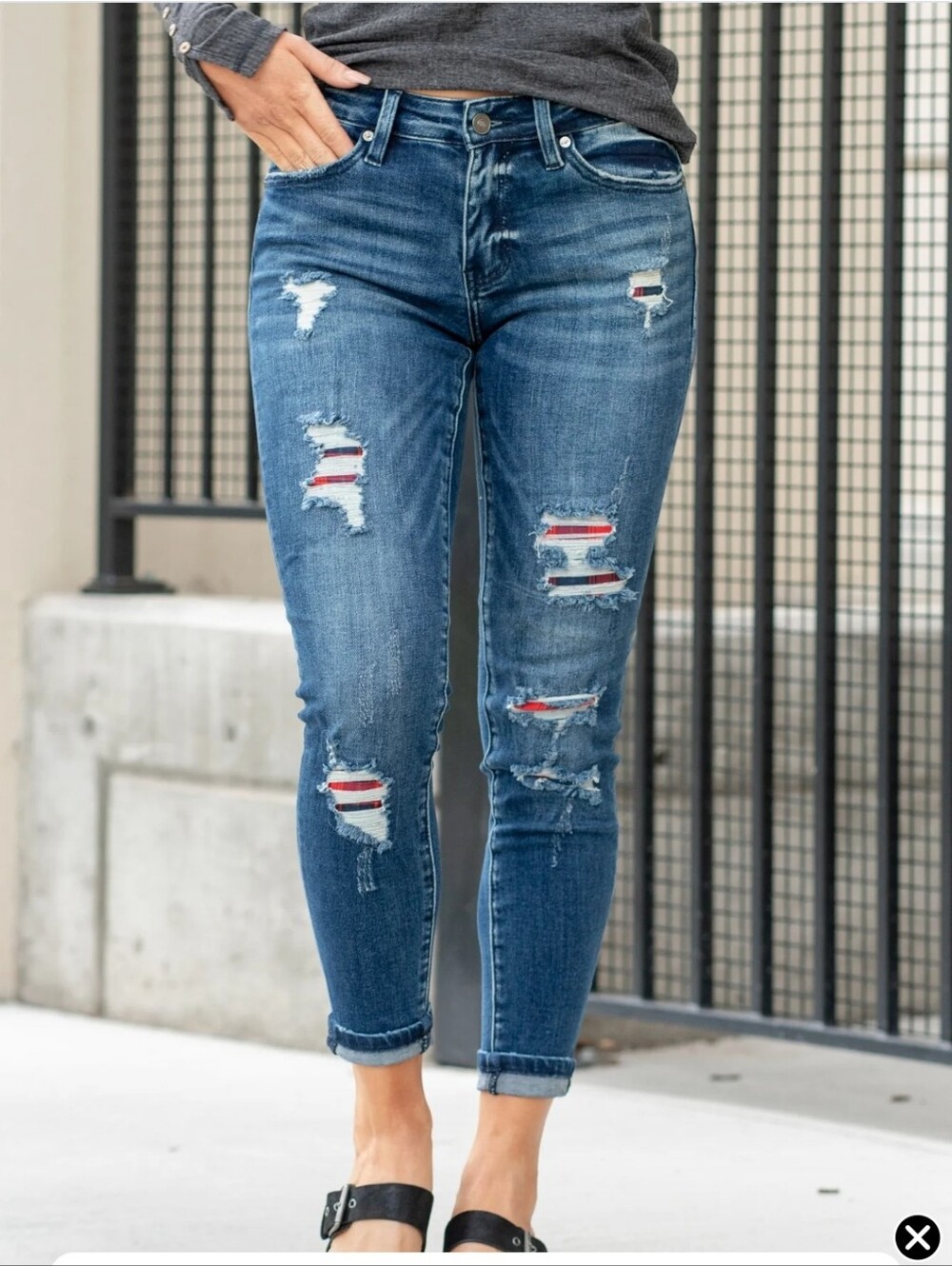 Kancan Skinny Jeans Buffalo Plaid Distressed 11 / 29 Destroyed Denim Red Black